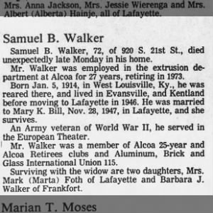 Samuel B. Walker Obit 1986